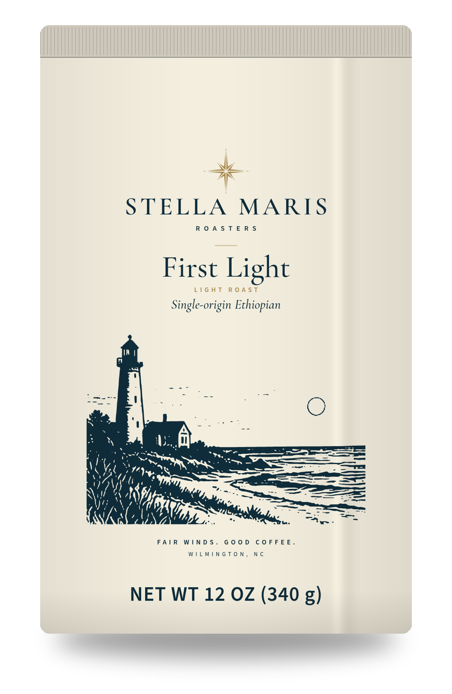 First Light coffee bag with a lighthouse engraving.