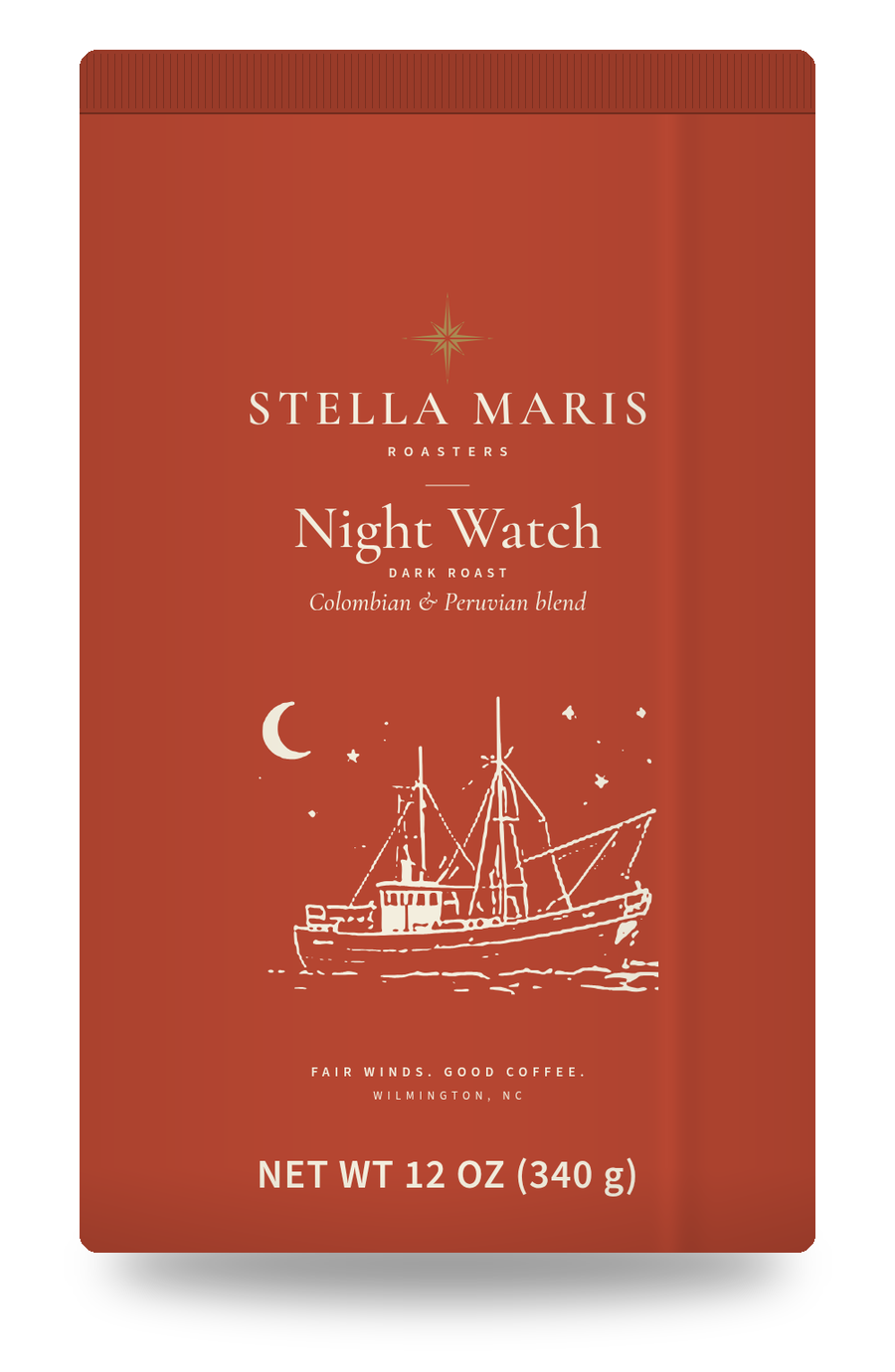 Night Watch coffee bag with a fishing boat engraving.