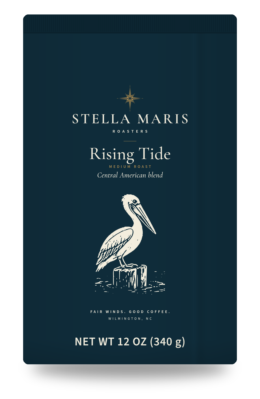 Rising Tide coffee bag with a pelican engraving.